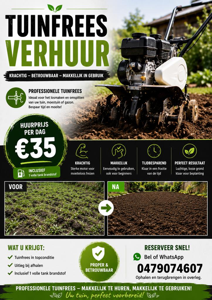 Tuinfreesmachine te huur -35,€ per dag, Tuin en Terras, Ophalen