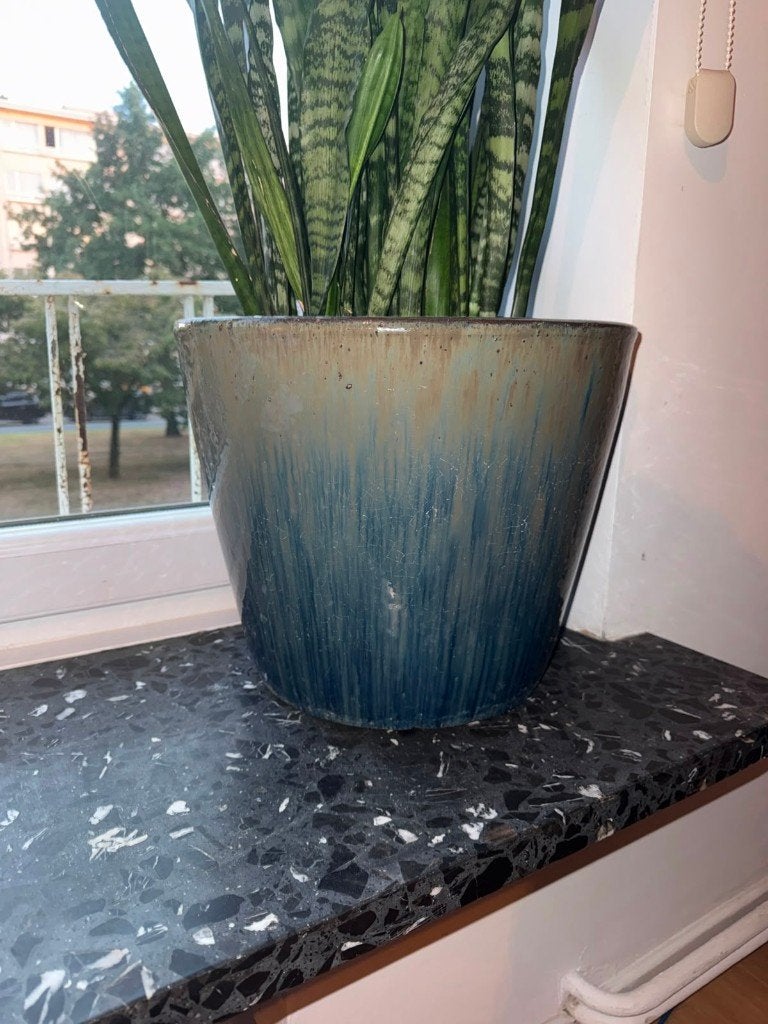 Pot de fleurs en céramique émaillée 38x30 cm/bleu vert, 25 à 40 cm, Comme neuf, Enlèvement, Intérieur