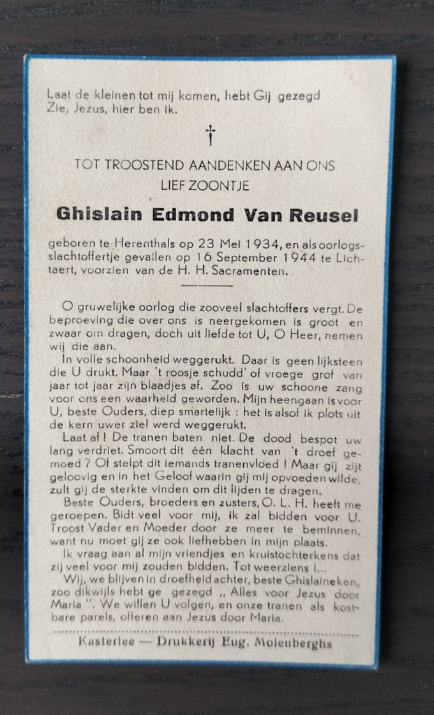 Slachtoffer WO II - Van Reusel - Herentals - Lichtaart 1944, Verzamelen, Verzenden, Bidprentje