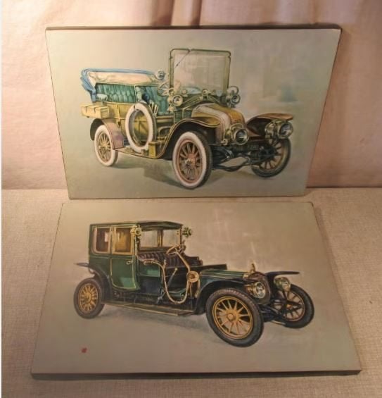 2 Prachtige Oldsmobile Artprints op houten paneel - 43x30, Huis en Inrichting, Ophalen of Verzenden, Zo goed als nieuw, Print