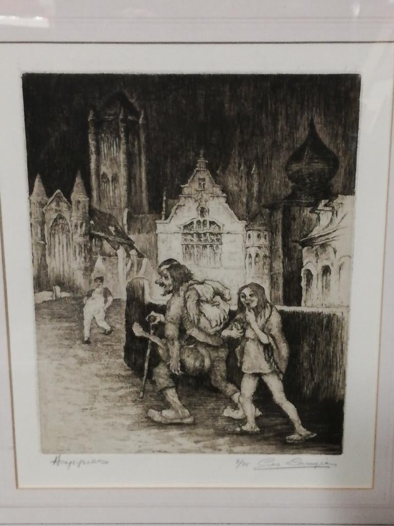 G. Langie: ets; 'Hippies', Gentse kunstenaar, Antiek en Kunst, Kunst | Etsen en Gravures, Ophalen of Verzenden
