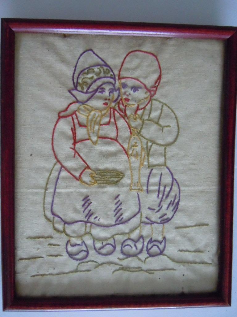 Broderie Couple avec poisson dans un cadre en bois, Enlèvement ou Envoi, Utilisé, Broderies à la main, Autres types