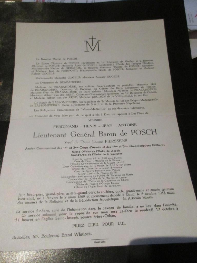 doodsbrief luitenant generaal Baron De Posch, Enlèvement ou Envoi