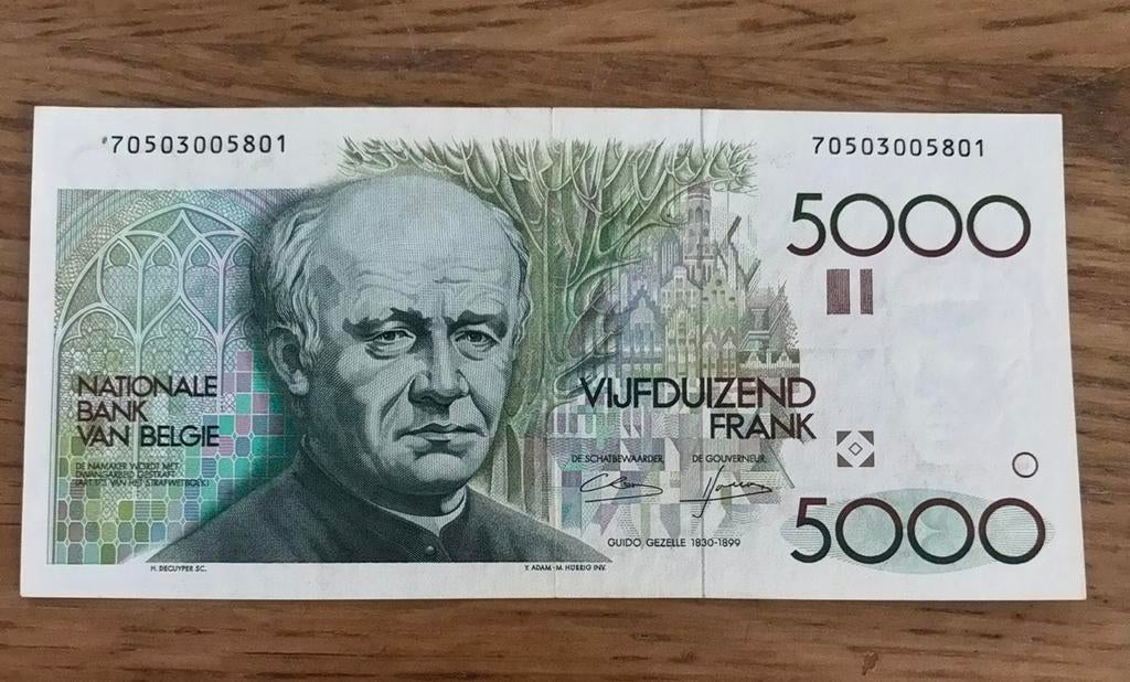 5000 Francs Gezelle Lakiere! Zo goed als nieuw!!, Timbres & Monnaies, Billets de banque | Belgique, Enlèvement ou Envoi
