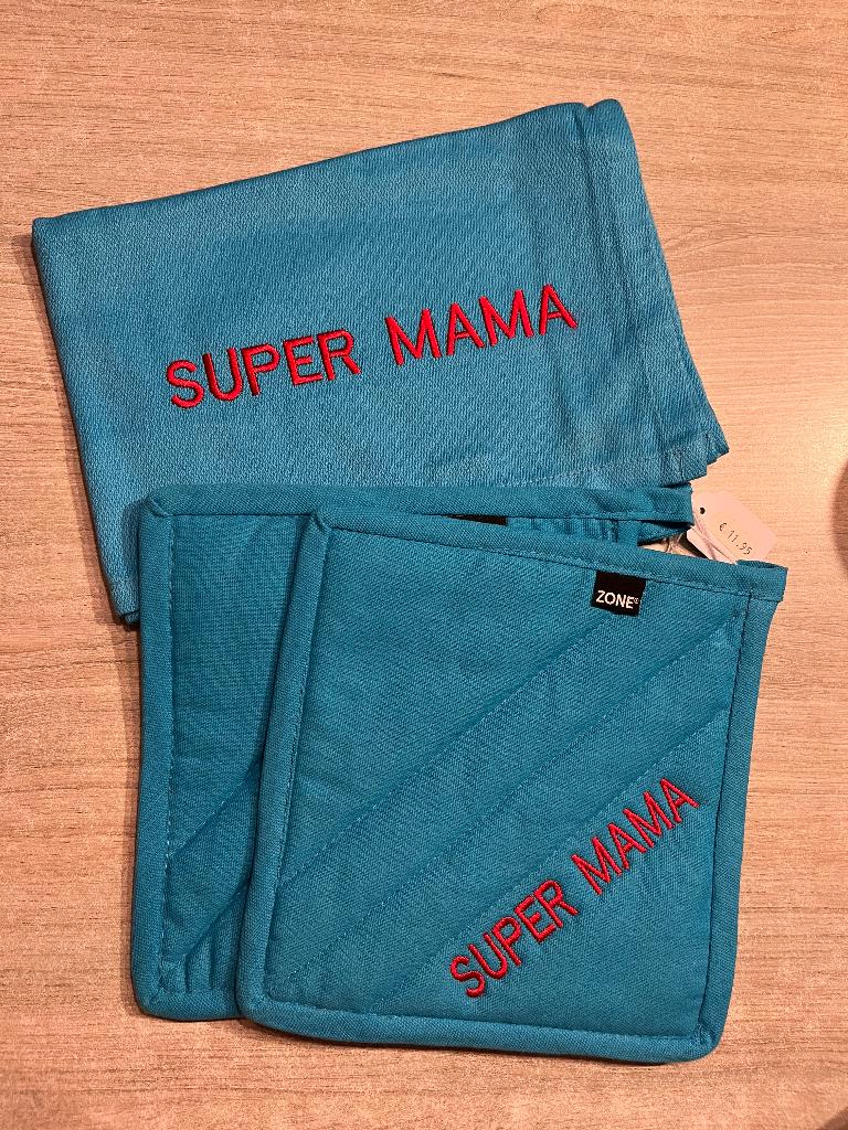 Keukenhanddoek en ovenlapjes Super Mama, Huis en Inrichting, Keuken | Textiel, Ophalen of Verzenden, Nieuw, Overige kleuren, Theedoek of Handdoek