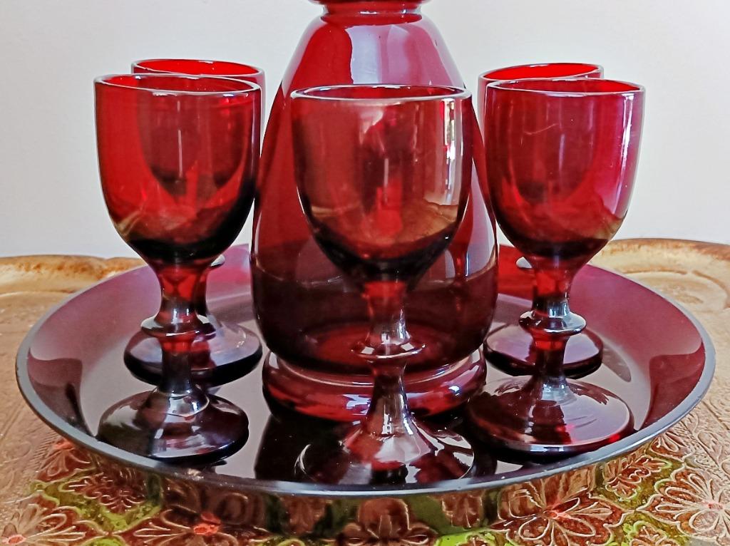 Service à liqueur: Carafe + plateau + 5 verres, Bohème, 50', Ophalen