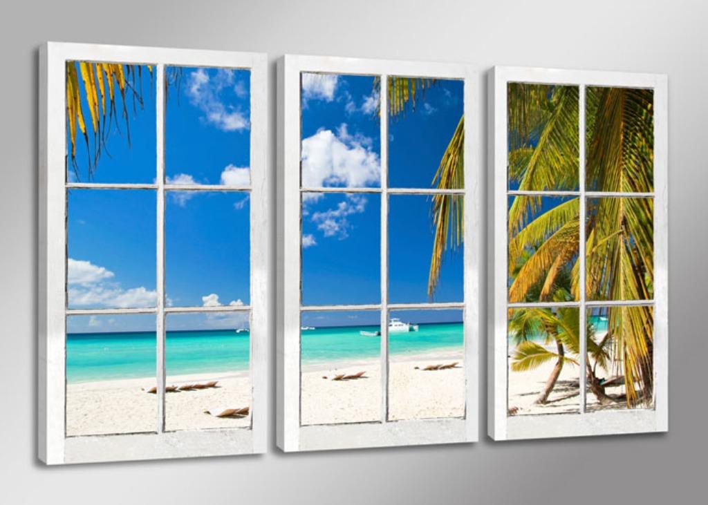 Nieuw 3 luik canvas schilderij Palmboom Ramen Paradijs, Nieuw, 125 cm of meer, Ophalen of Verzenden, Schilderij