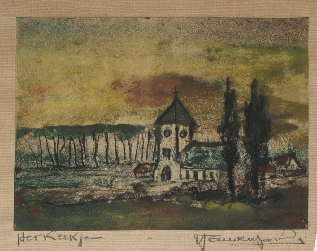 Joris Houwen (1925-1998): Het Kerkje (38 x 53 cm), Antiek en Kunst, Kunst | Schilderijen | Klassiek, Ophalen of Verzenden