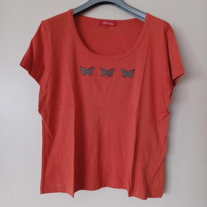 Paprika t-shirt met vlindertjes maat 5., Kleding | Dames, Ophalen of Verzenden, Zo goed als nieuw, Oranje
