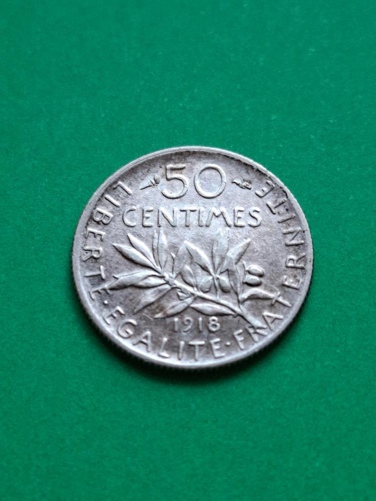 1918 Frankrijk 50 centimes in zilver zaaister, Verzenden, Frankrijk, Losse munt, Zilver