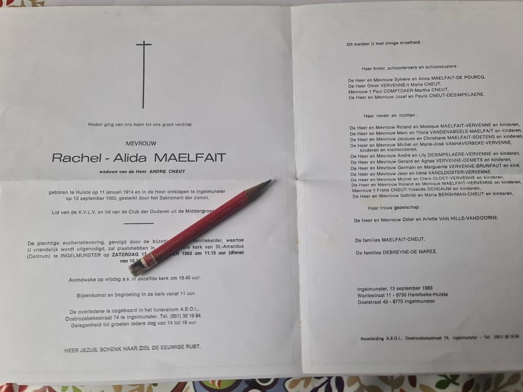 Rouwbrief Rachel Alida Maelfait 1914-1983/ cneut, Ophalen of Verzenden