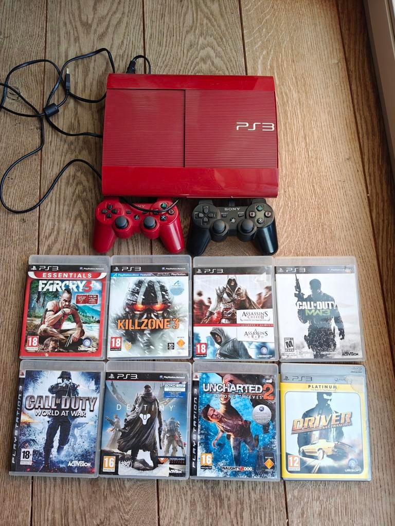 Rode Sony Playstation 3 -PS3 - 2 bakjes en 8 spelletjes, Games en Spelcomputers, Ophalen, Gebruikt, Met 2 controllers, Met harde schijf