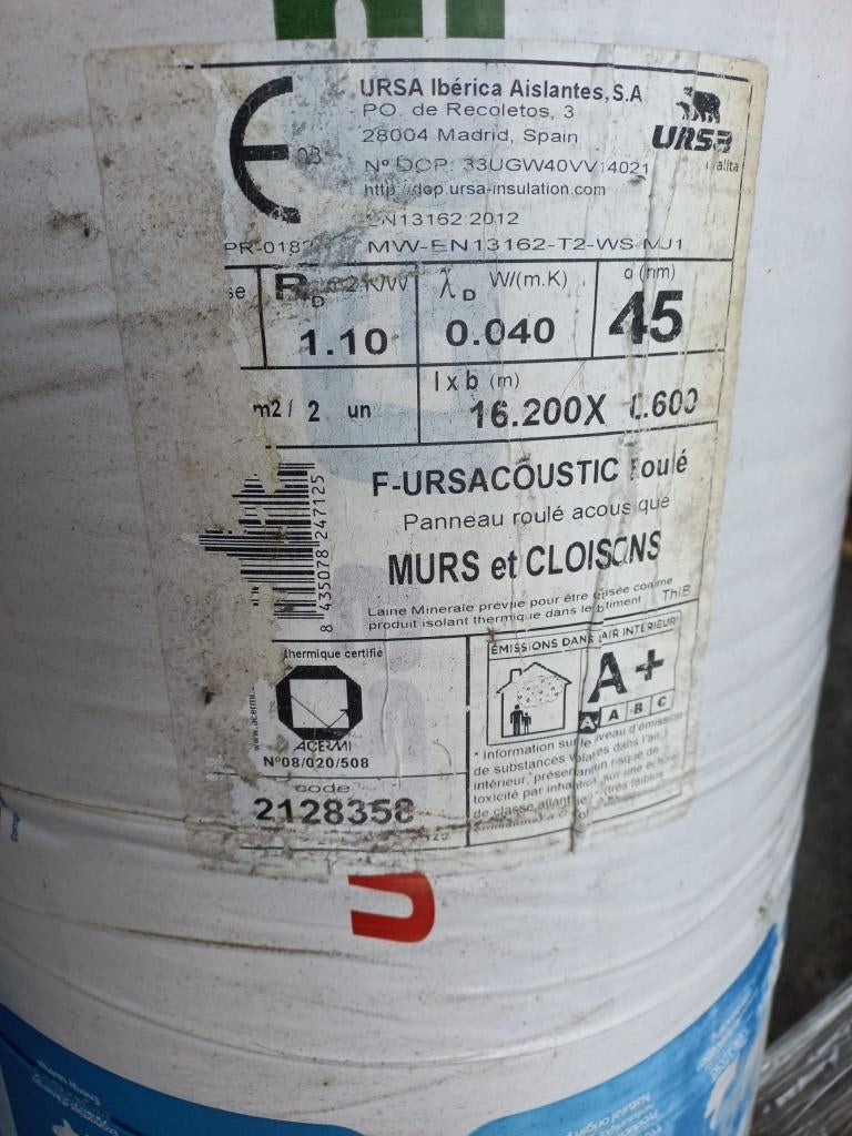 Ursa Geo Acoustic 45 mm x 600 mm x 16200 mm, 15 m² ou plus, Laine de verre, Enlèvement, 4 à 8 cm