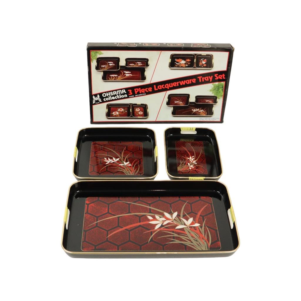 Vintage Set van 3 Gelakte Zwarte Nest Dienbladen Ohsama Japa, Ophalen of Verzenden, Nieuw, Rechthoekig, Kunststof