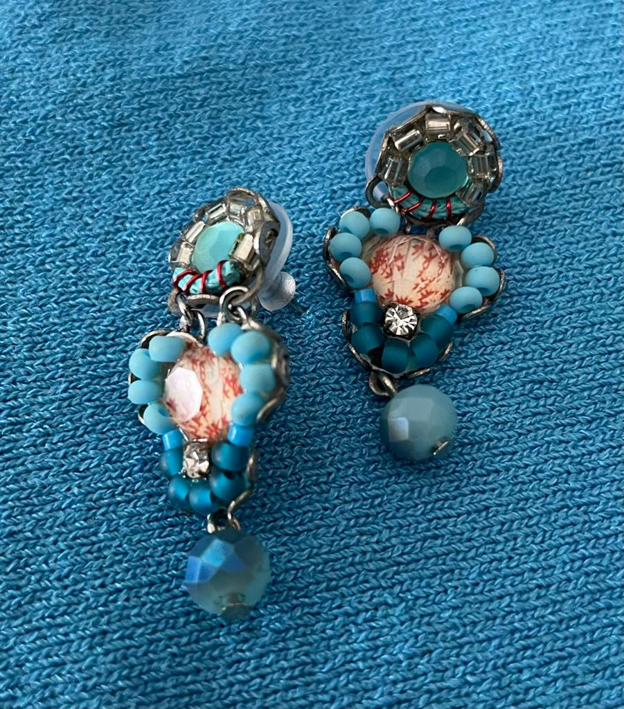 Artistieke oorringen met aqua pareltjes, Overige materialen, Hangers, Blauw, Nieuw