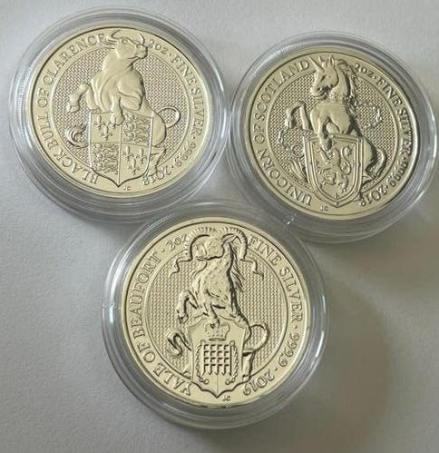 Zeldzame Set: 3x Zilveren Queen’s Beasts (2 oz per stuk), Postzegels en Munten, Ophalen of Verzenden, Zilver