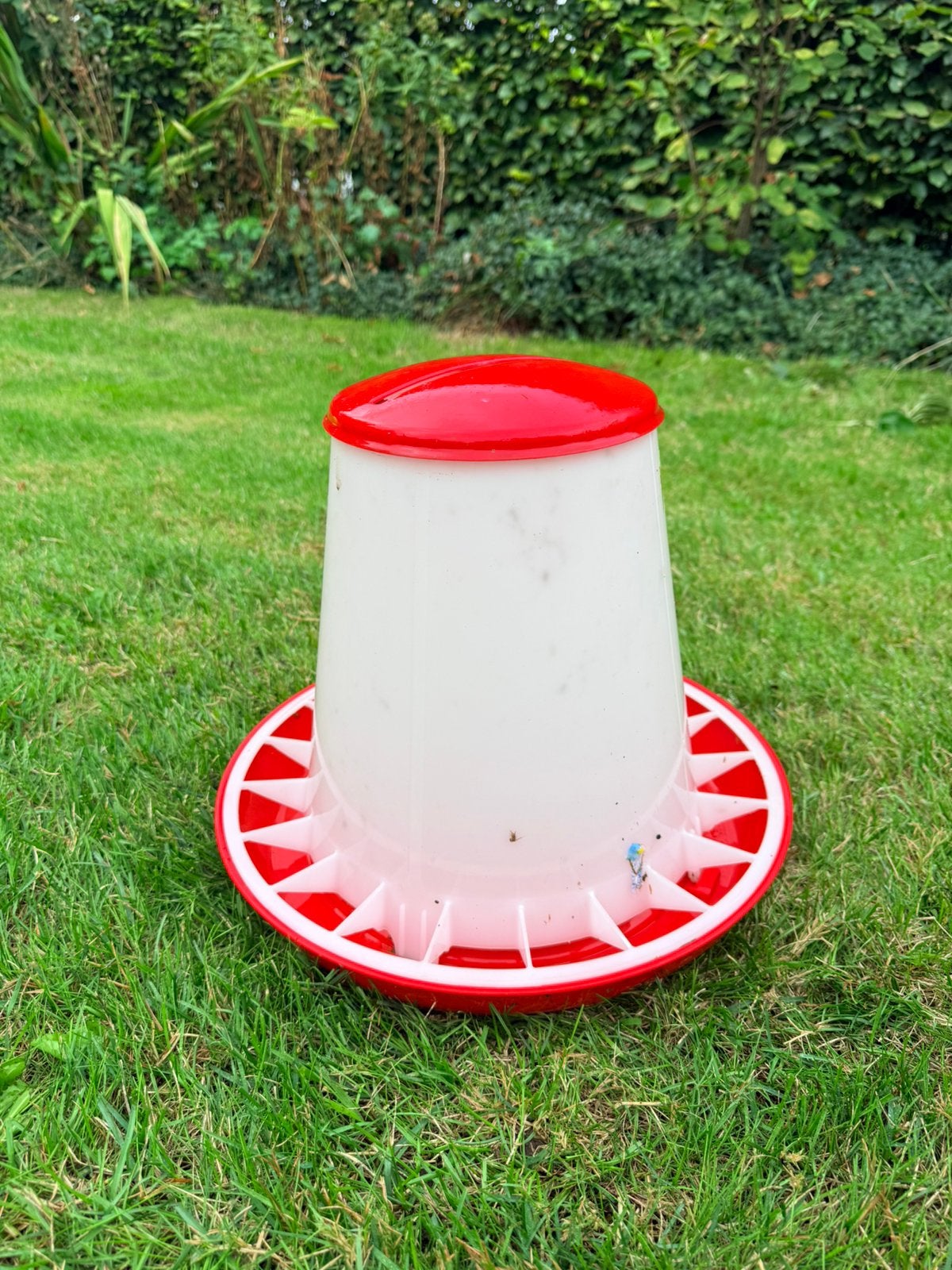 Kunststof voedersilo kippen wit/rood, Dieren en Toebehoren, Pluimvee | Toebehoren, Ophalen of Verzenden, Gebruikt, Drinken en Voederen