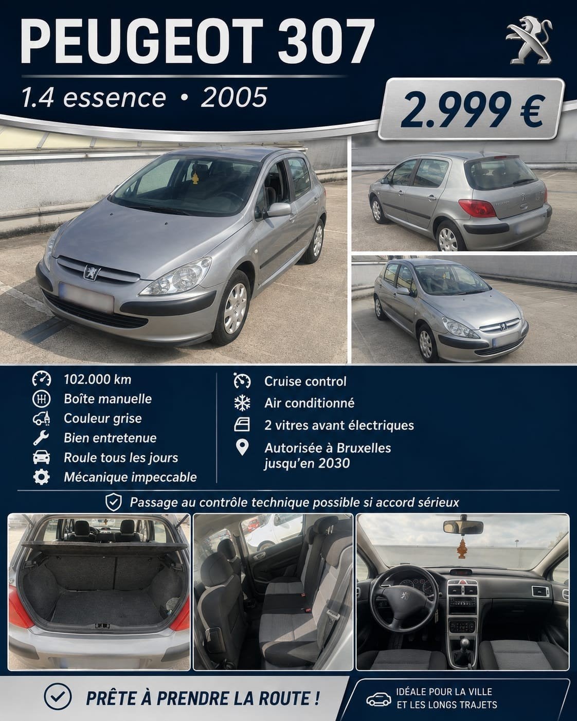 Peugeot 307 essence 102000km!, Argent ou Gris, Achat, Boîte manuelle, Noir