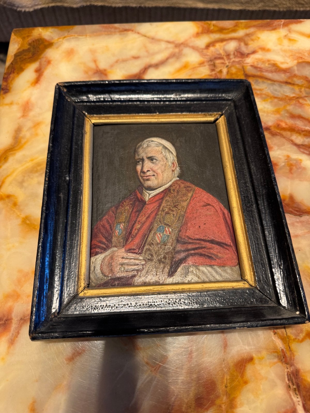 Antiek miniatuurportret Paus Leo XIII – olieverf op paneel, Antiek en Kunst, Ophalen