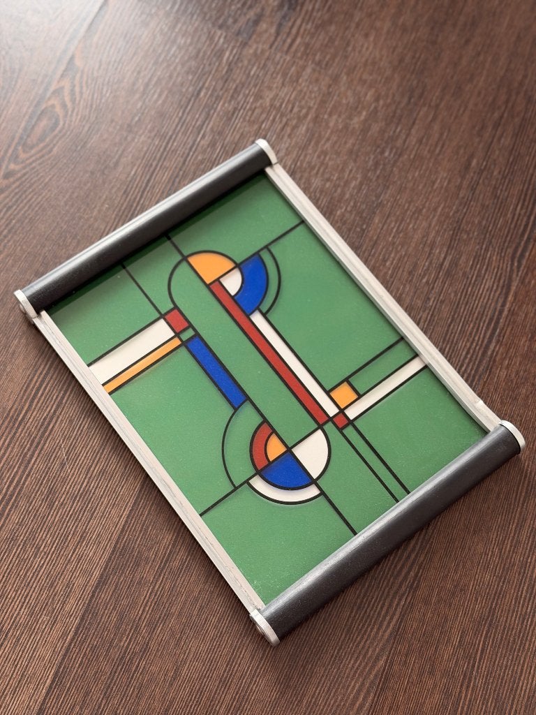 Plateau Art Deco en verre bois aluminium, Enlèvement