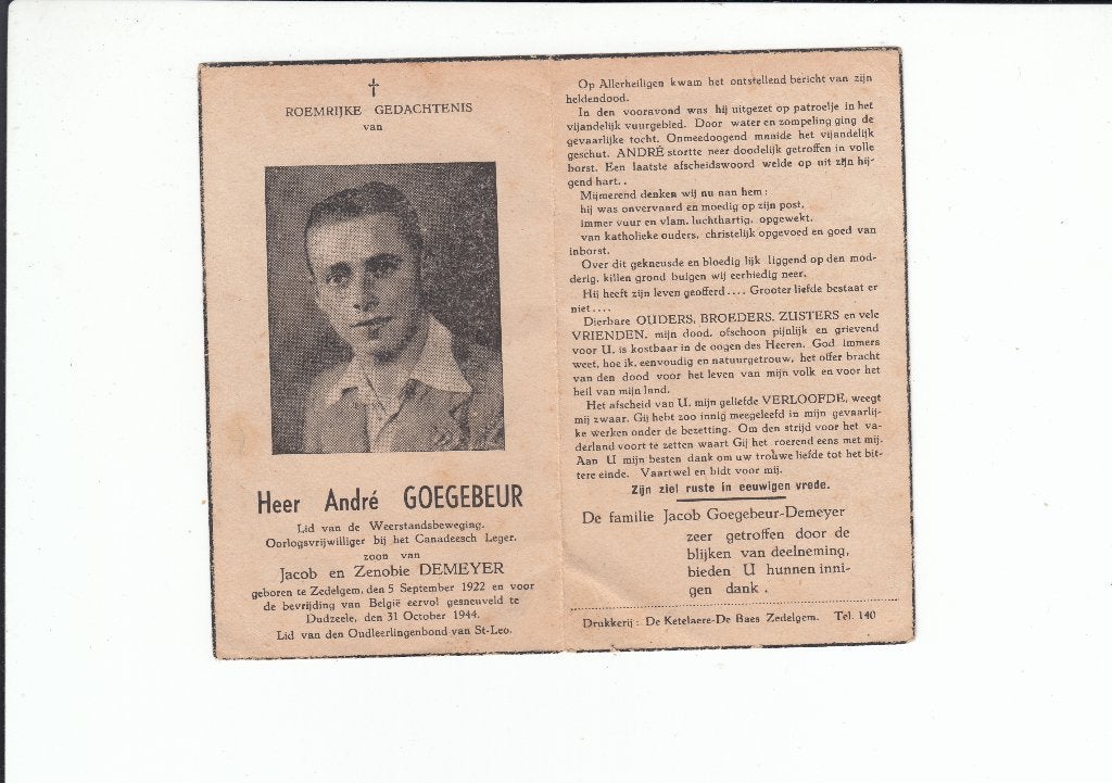 Slachtoffer WO II - Zedelgem - bevrijding Dudzele 1944, Verzamelen, Verzenden, Bidprentje