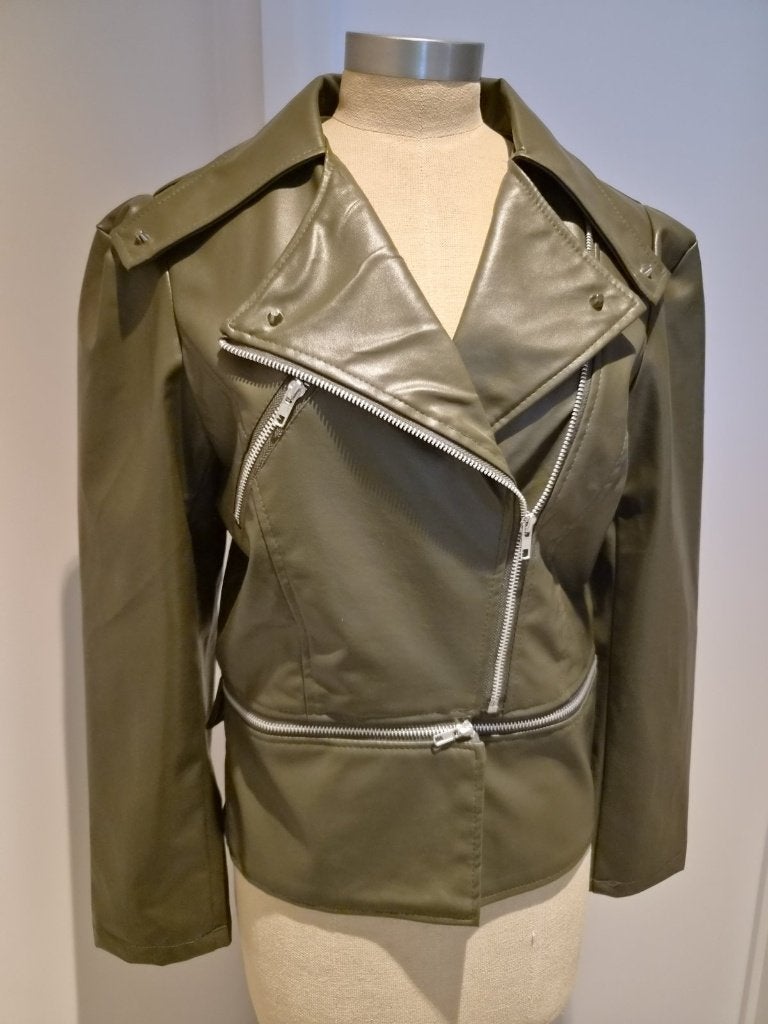 Bikerjas imitatieleer kaki met ritsen, maat S, Vêtements | Femmes, Enlèvement ou Envoi, Taille 36 (S), Comme neuf, Vert