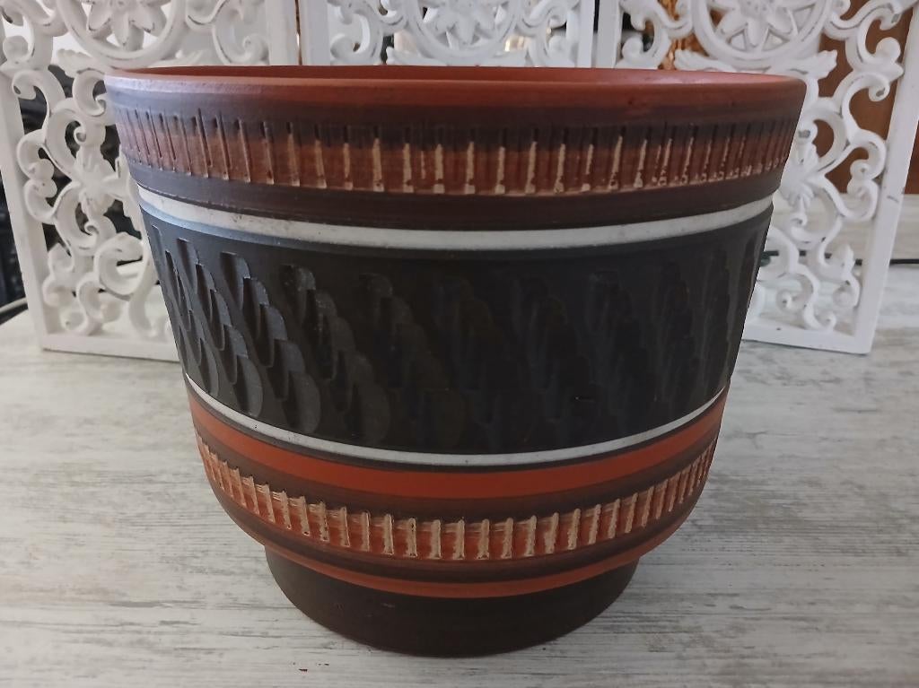 Vintage bloempot sgraffito terracotta Dumler & Breiden 22cm, Ophalen of Verzenden, Terracotta, Binnen