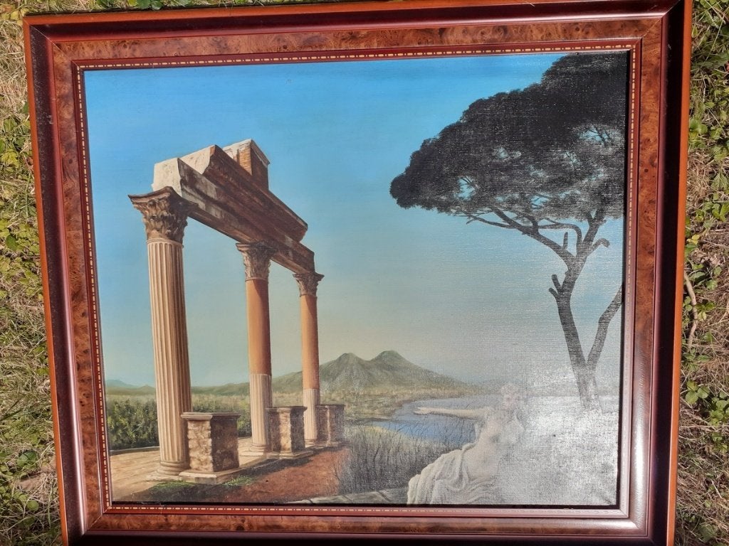 Mooi schilderij “verloren beschaving” H. Adriaensen .85*74cm, Antiquités & Art, Art | Peinture | Classique, Autres sujets, Peinture à l'huile