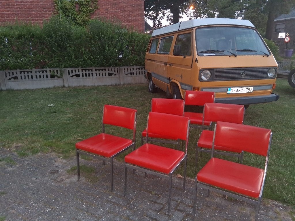 6 retro oranje stoelen, Huis en Inrichting, Stoelen, Ophalen, Gebruikt, Overige kleuren, Metaal