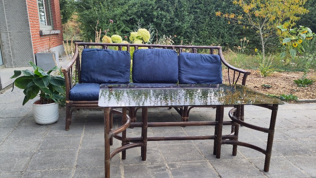 Vintage rotan bank met salontafel en glasplaat, Ophalen, Gebruikt, Rotan, 3 zitplaatsen