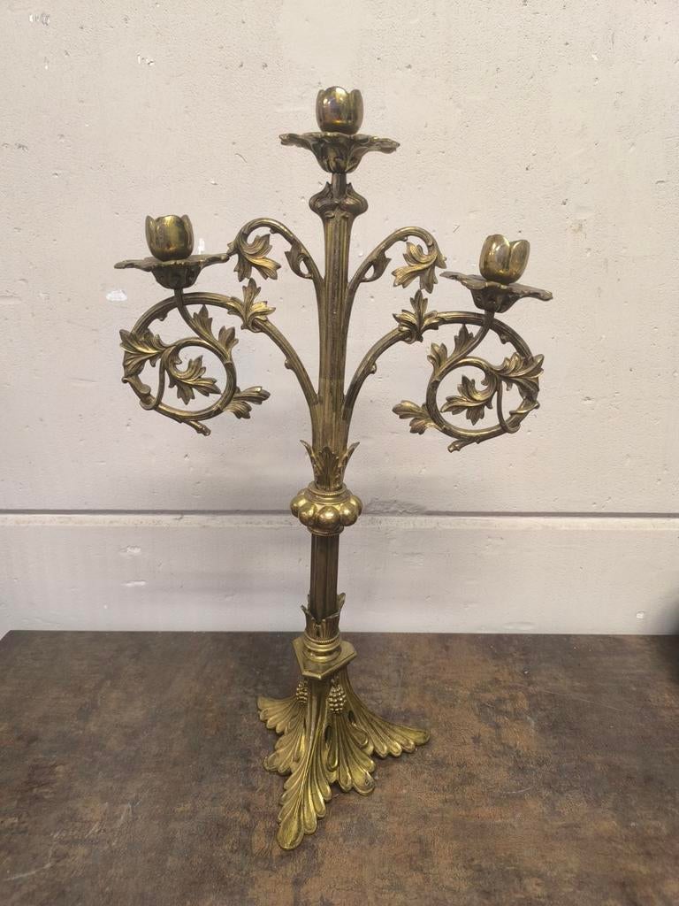 Zware vintage messing kandelaar met 3 armen – 55 cm hoog, Ophalen