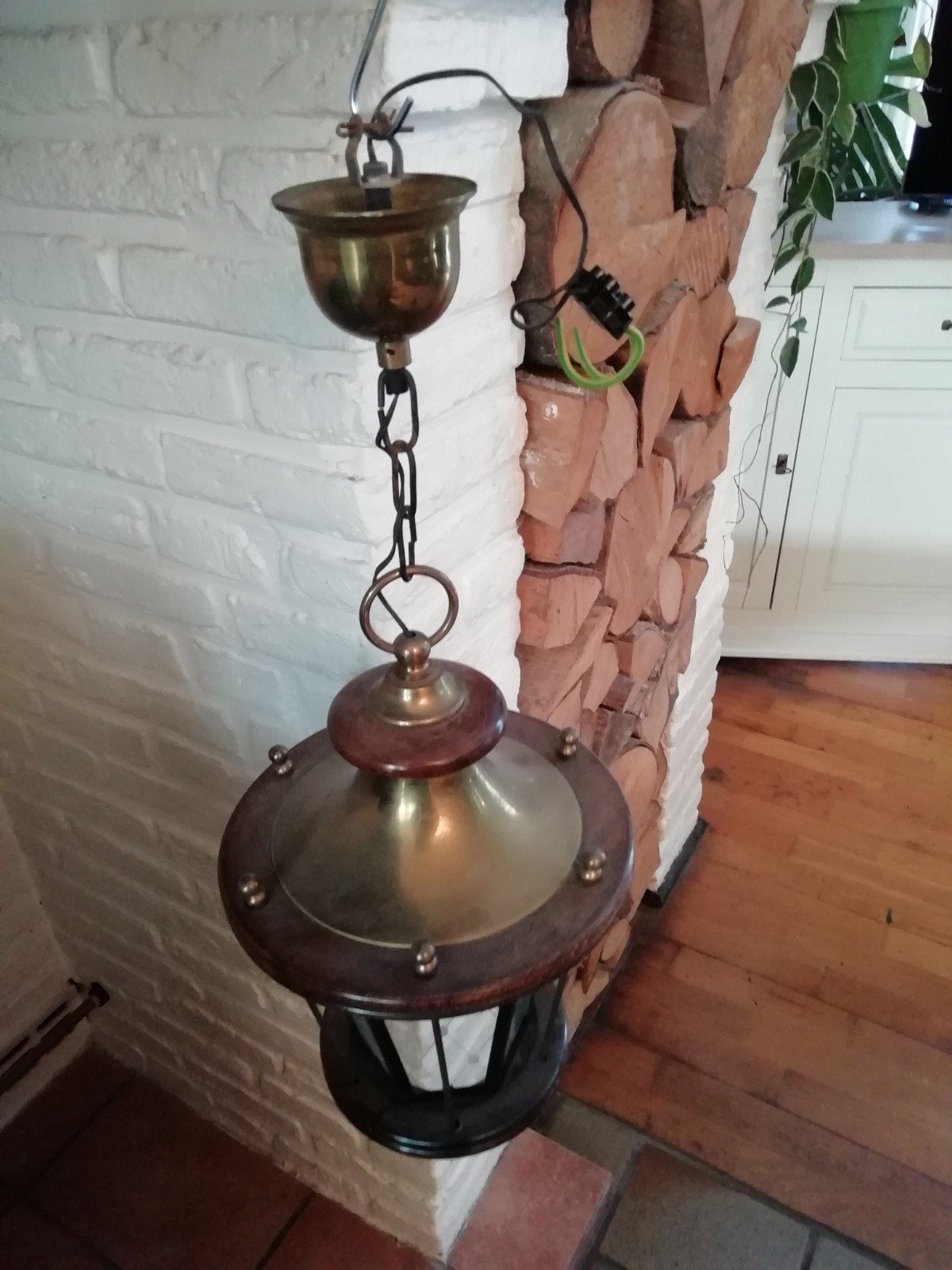oude hanglamp. geslepen glas koper eik, Ophalen, Glas