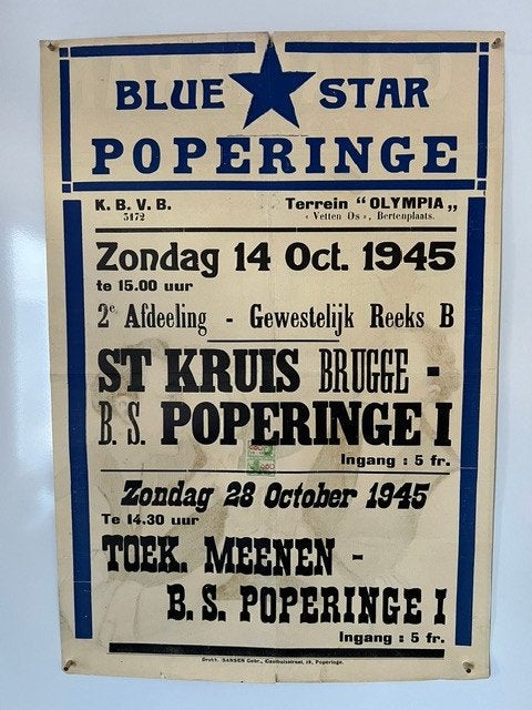 Oude affiche Voetbal Blue Star Poperinge, Verzamelen, Posters, Ophalen, Reclame