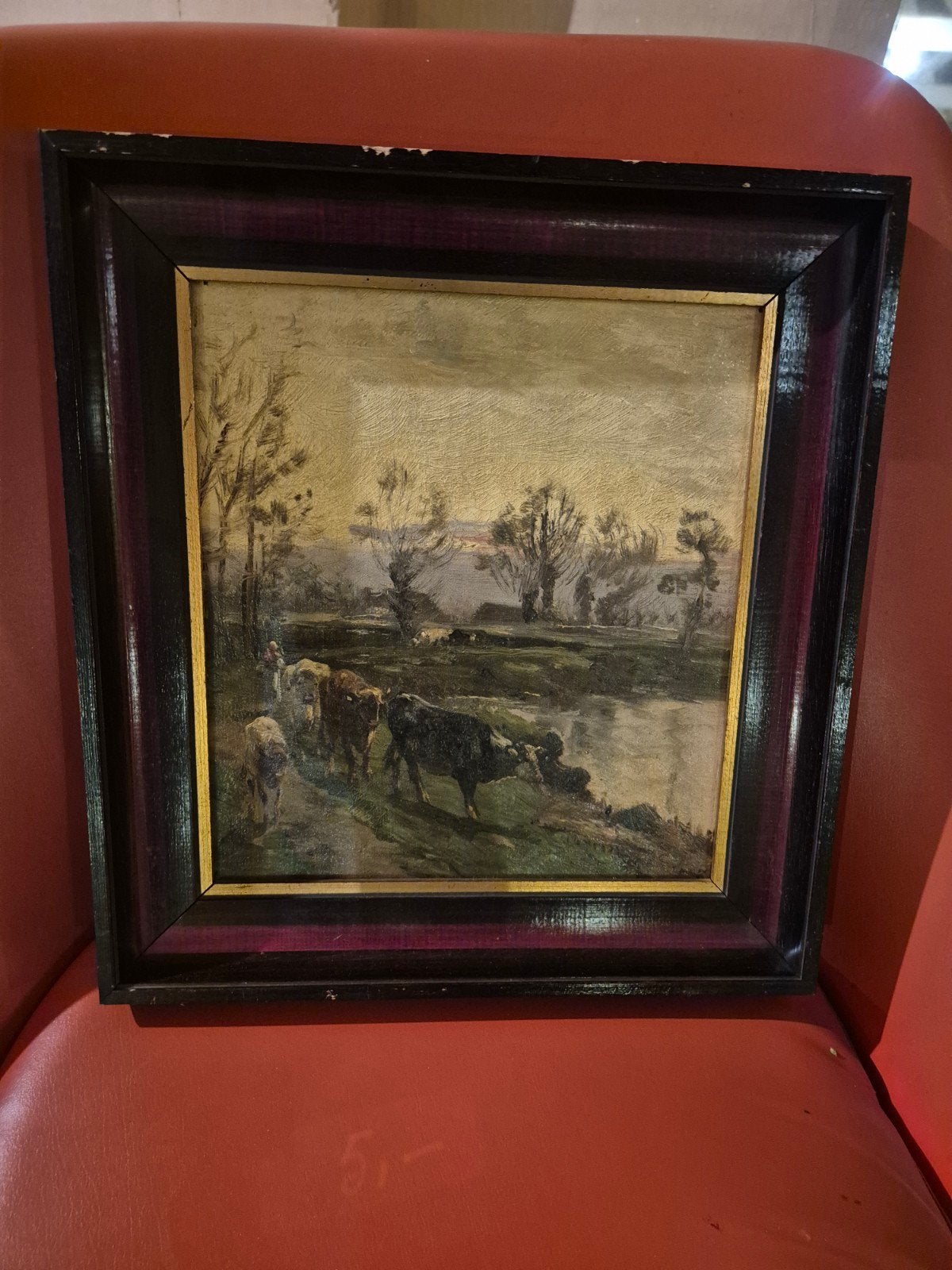 mooi ingekaderd landschap koeien olie op doek schilderij, Enlèvement ou Envoi, Paysage, Toile