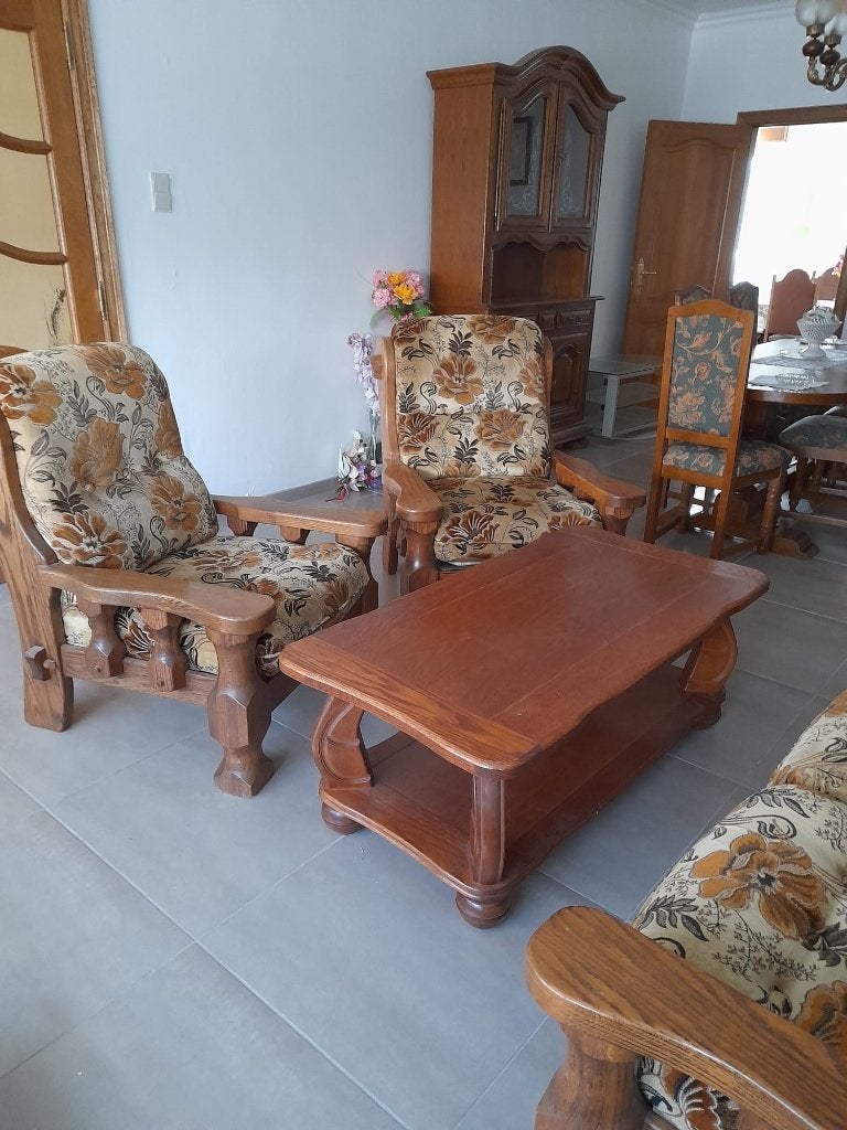 Salon complet – canapé, 2 fauteuils et table basse, Enlèvement, Comme neuf, Bois, Rustique