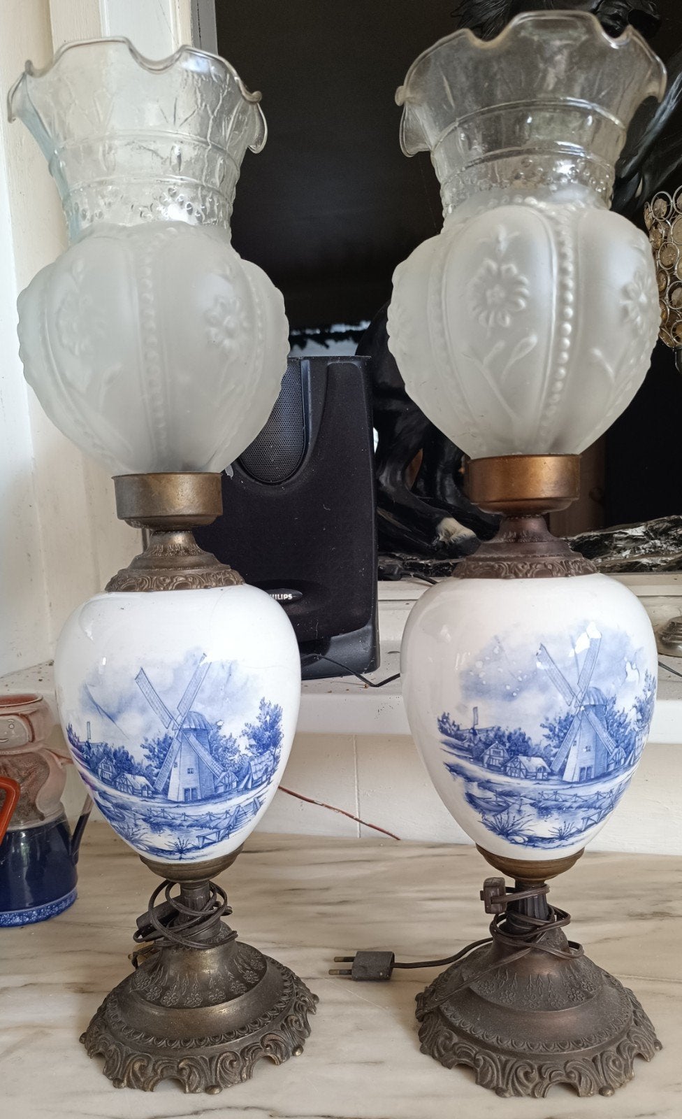 Set vintage de 2 grandes lampes de table bleues de Delft —, Antiquités & Art, Enlèvement ou Envoi