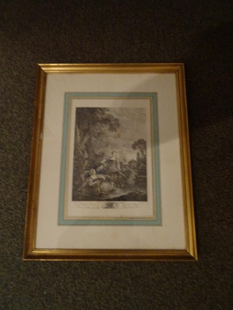 Gravure, getiteld „Line Fishing” naar F. Boucher, Antiek en Kunst, Kunst | Etsen en Gravures, Gravure, Ingelijst, Met passe-partout