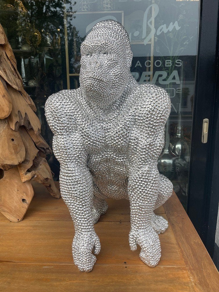 UNIEK XXL Gorilla Art design object polyresin diamant effect, Antiquités & Art, 80 cm, Argent, Plastique, Enlèvement