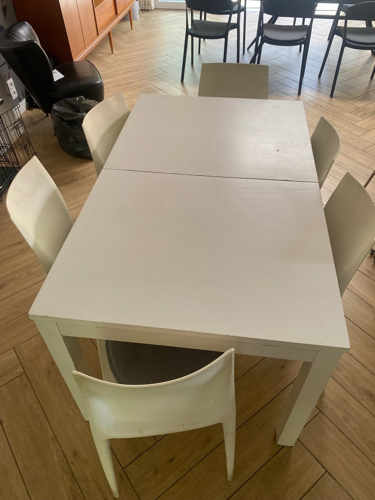 Tafel en 6 stoelen 84x140/180/220cm, Ophalen, Gebruikt, 200 cm of meer, 50 tot 100 cm