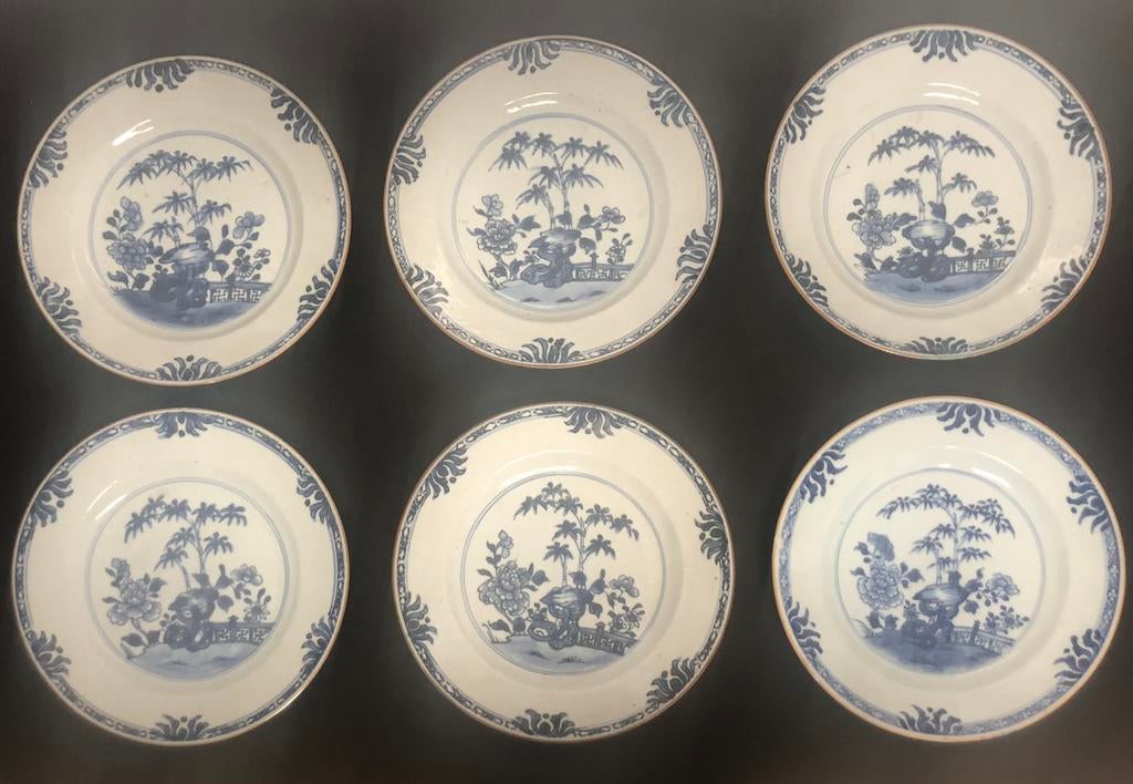 6 blauw-wit Chinees porseleinen schotels, 18de-eeuw, Ophalen of Verzenden
