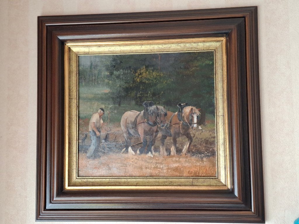 Schilderij boer met paard Leon Engelen, Ophalen, Doek, Stilleven, Olieverf