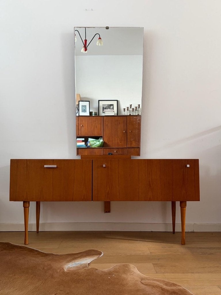Vintage kaptafel met spiegel, Huis en Inrichting, Tafels | Kaptafels, Gebruikt, 100 tot 150 cm, 100 tot 150 cm, Hout, Ophalen
