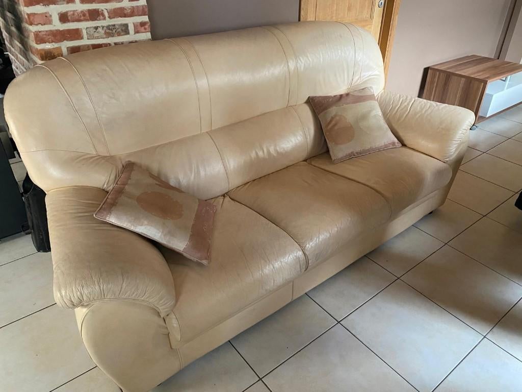 Canapé leder 200x90cm, beige, goede staat (1790 Affligem), Ophalen, Gebruikt, Driepersoons, Leer