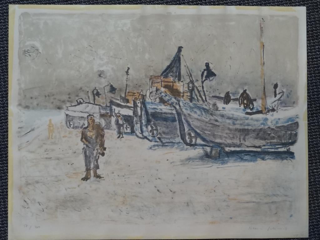 kleuren litho schepen op het strand, gesigneerd, Verzenden