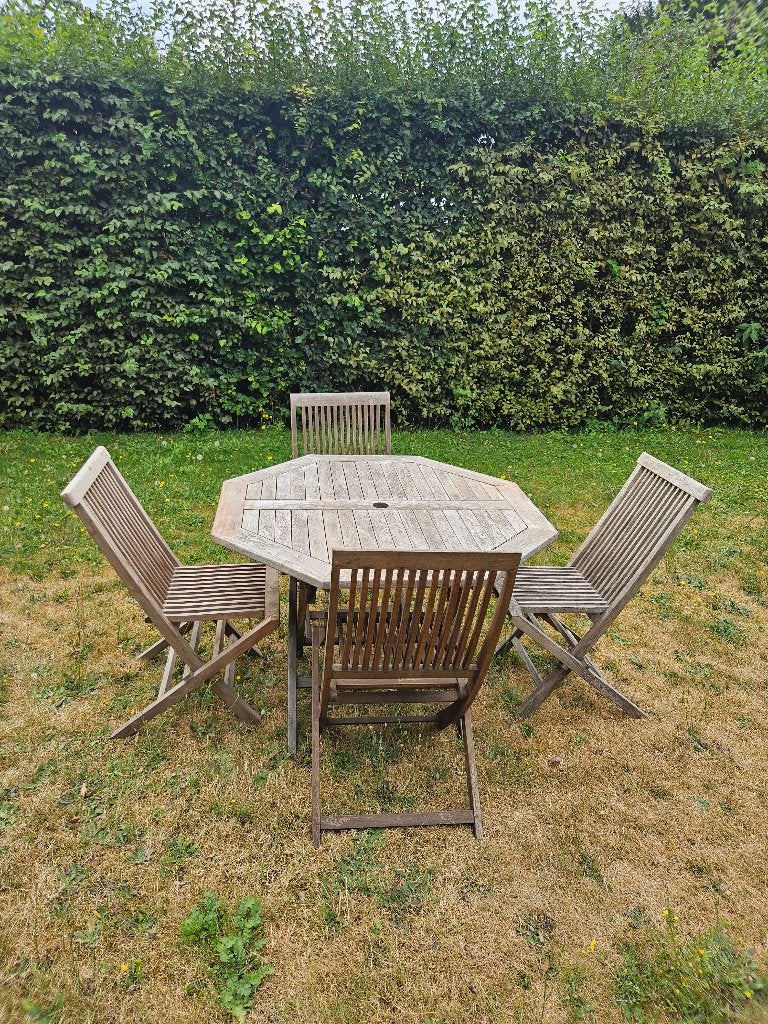 Tuintafel Morati achthoekig met 4 stoelen in teakhout, Tuin en Terras, Ophalen, Gebruikt, Teakhout