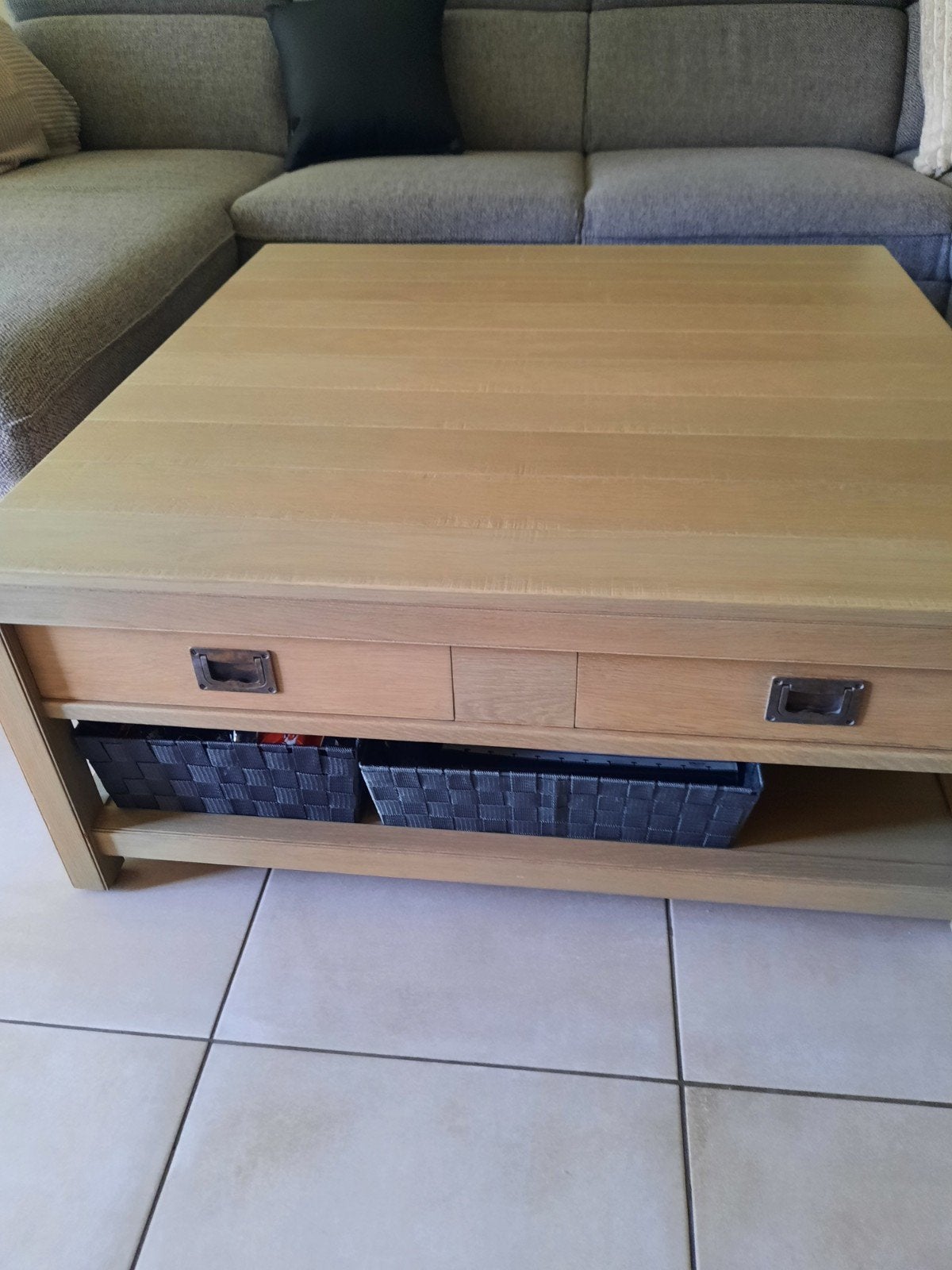 Salontafel eikenhout 1m op 1m met 4 lades, Ophalen, Eikenhout