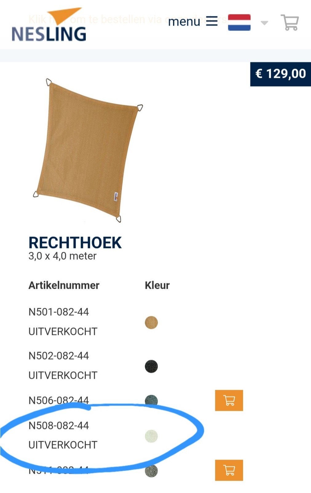 Nesling schaduwdoek 4mx3m, Tuin en Terras, Ophalen