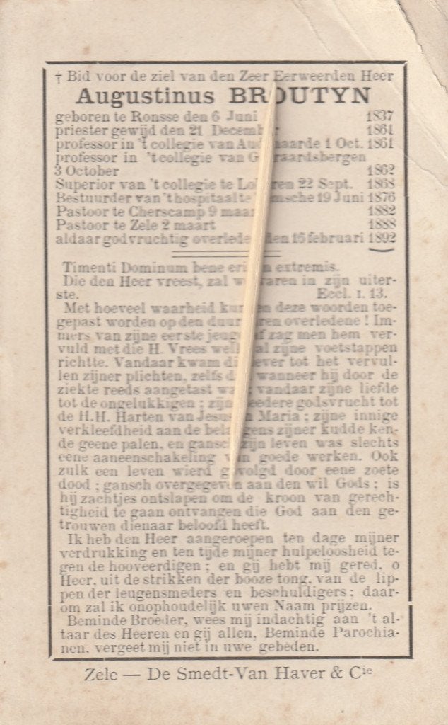 Bidprentje Priester Broutyn-Ronse, Ophalen of Verzenden, Bidprentje