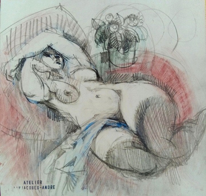 Naakt op een bank.. Gesigneerde tekening. 18 bij 18 cm., Antiek en Kunst, Ophalen of Verzenden