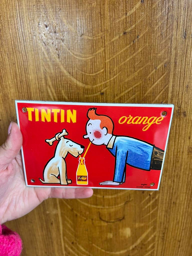 Emaille plaatje Tintin Kuifje orange, Ophalen of Verzenden, Kuifje, Zo goed als nieuw
